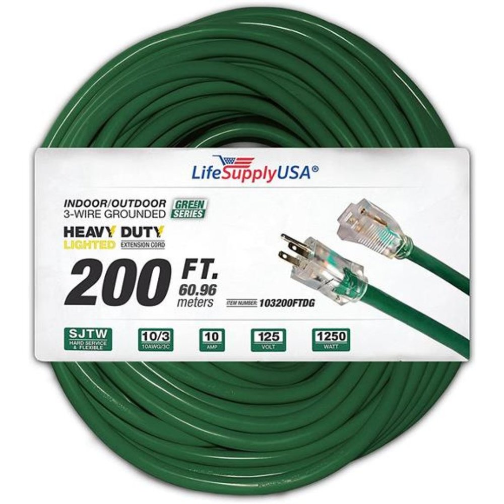 200 ft Power Extension Cord Outdoor & Indoor Heavy Duty 10 Gauge/3 Prong SJTW